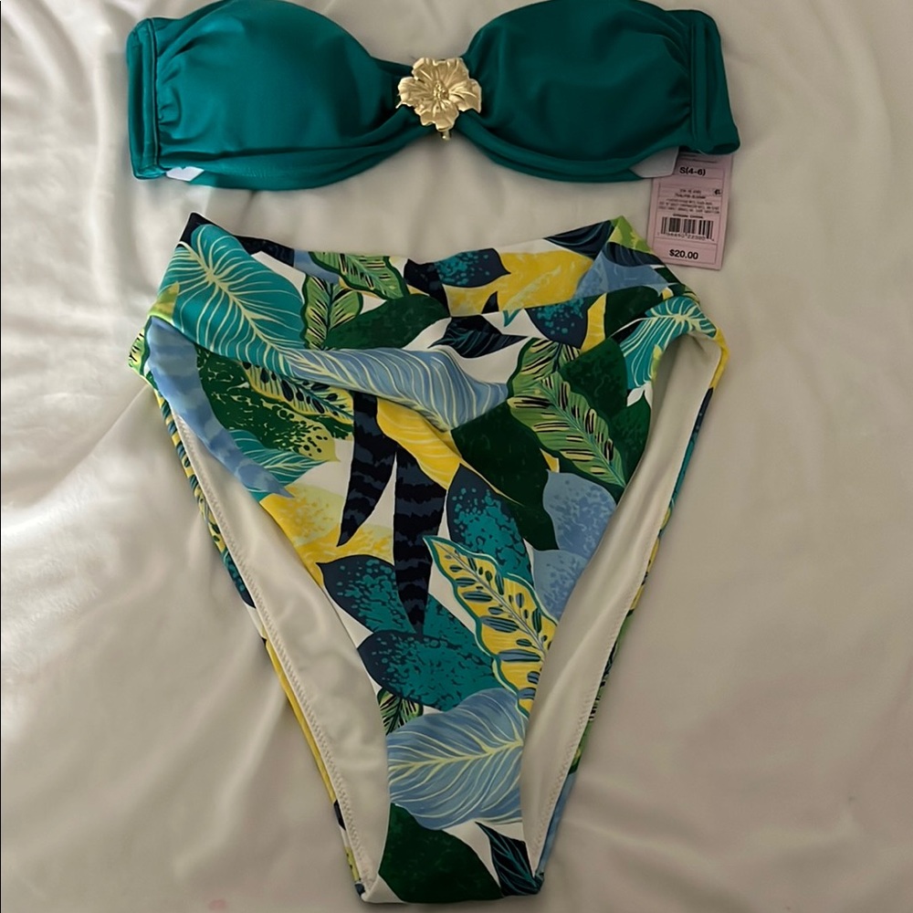 Aerie Teal and Leaf Print Bikini Set